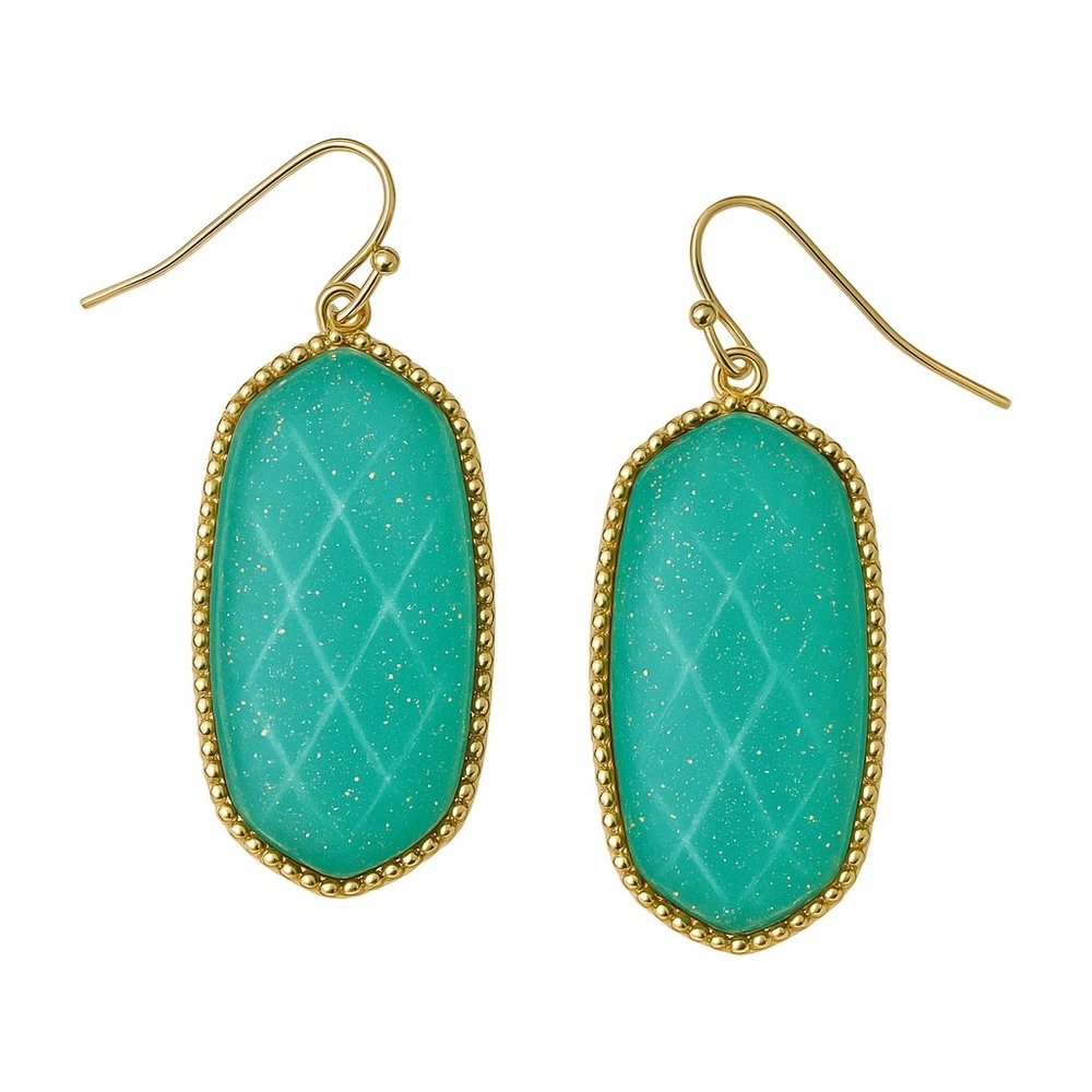 Turquoise Glitter Stone Dangle Earrings with Gold Trim